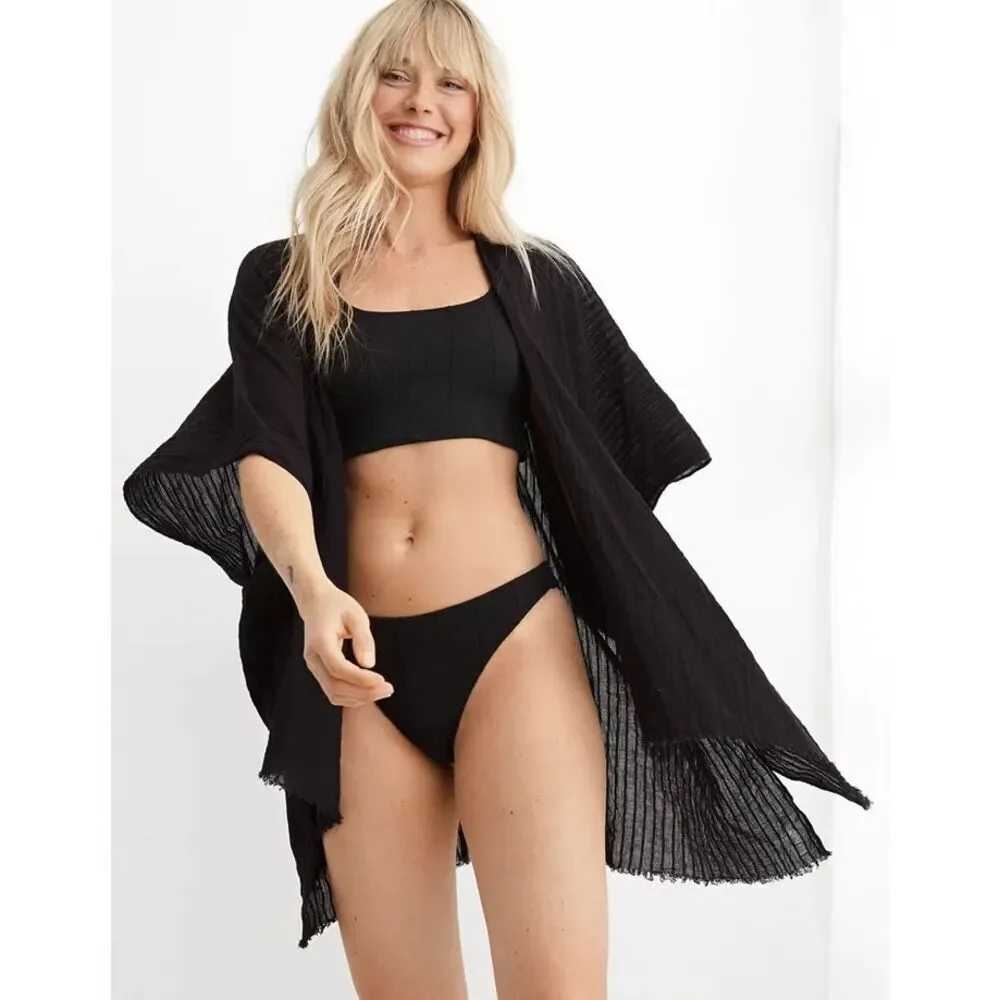 NEW Aerie Textured Cape Swim Cover Up‎ One Size Black Boho